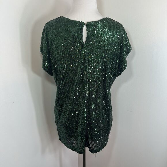 Cable & Gauge Blouse Holiday Top M Sequins Sparkle Forest Winter Green Festive - Picture 2 of 9